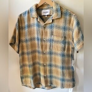 Corridor NYC Plaid Short Sleeve Button Up Shirt Tan Blue NWT (Runs Small)